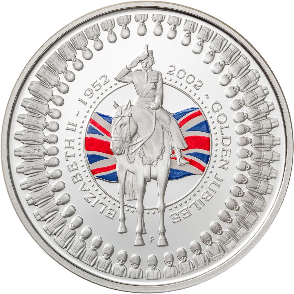 2002 $1 Golden Jubilee Queen Elizabeth II 1oz Silver Coloured Proof Coin