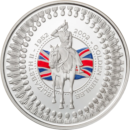 2002 $1 Golden Jubilee Queen Elizabeth II 1oz Silver Coloured Proof Coin
