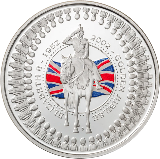 2002 $1 Golden Jubilee Queen Elizabeth II 1oz Silver Coloured Proof Coin
