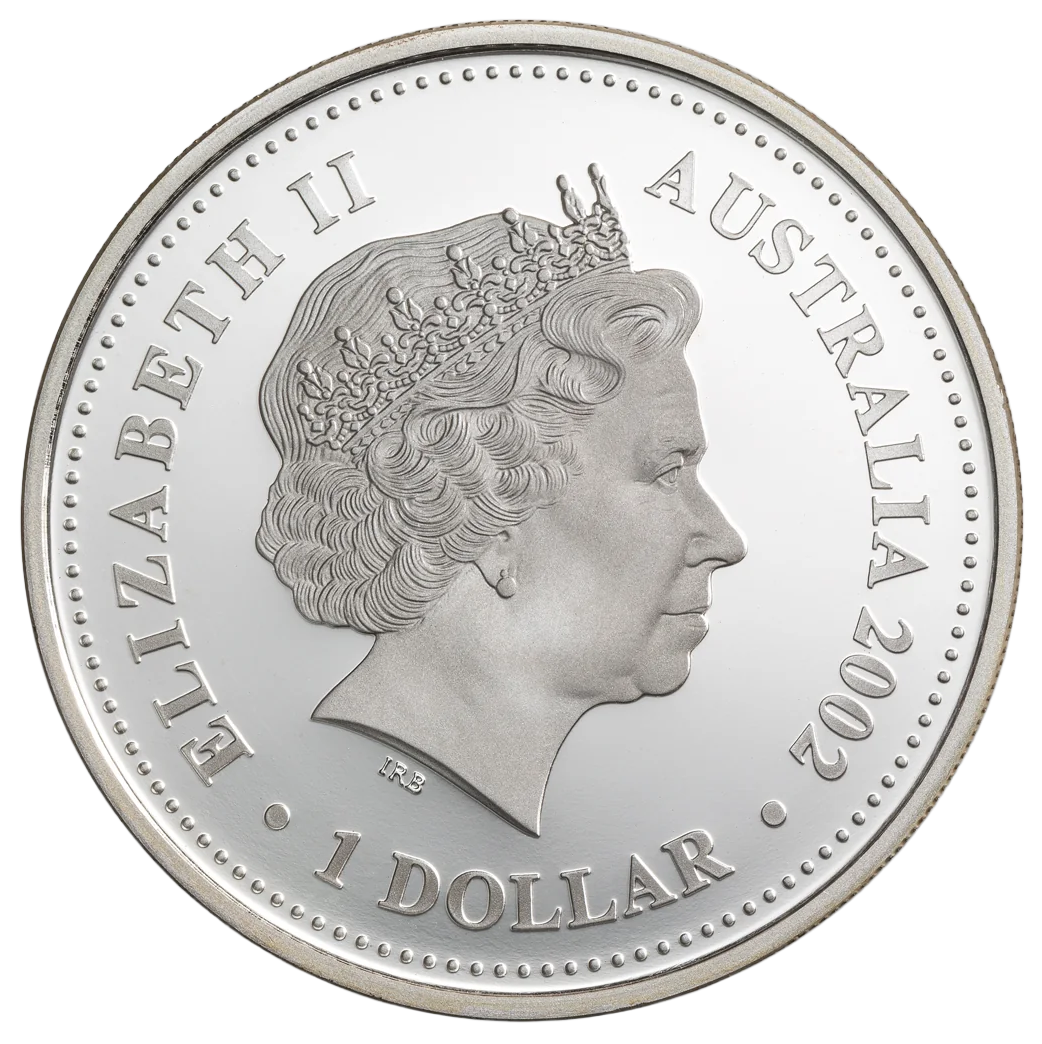 2002 $1 Golden Jubilee Queen Elizabeth II 1oz Silver Coloured Proof Coin