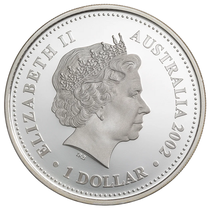 2002 $1 Golden Jubilee Queen Elizabeth II 1oz Silver Coloured Proof Coin