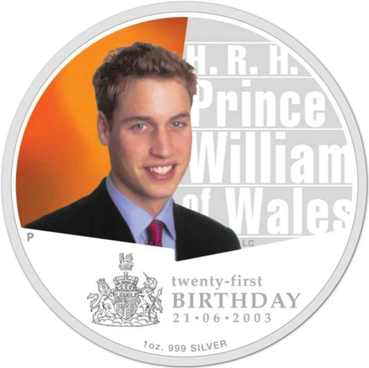 2003 $1 H.R.H. Prince William of Wales 21st Birthday 1oz Silver Coloured Proof Coin