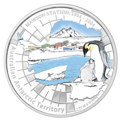2004 $1 Australian Antarctic Territory 50th Anniversary Mawson Station 1oz Silver Coloured Proof Coin