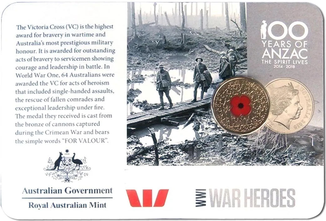 2015 $1 WWI War Heroes Red Poppy Coloured Uncirculated Coin