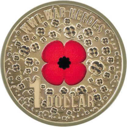 2015 $1 WWI War Heroes Red Poppy Coloured Uncirculated Coin