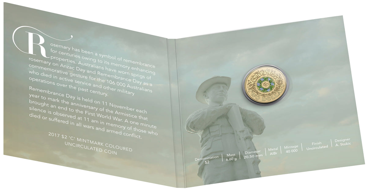 2017 $2 Remembrance Day 'C' Mintmark Coloured Uncirculated Coin