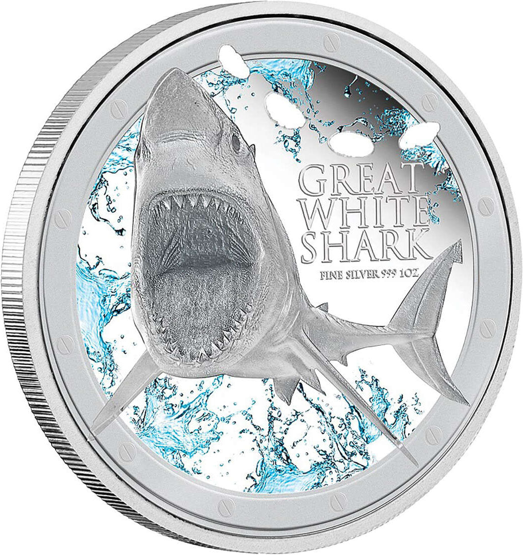 Niue 2012 $2 Ocean Predators Great White Shark 1oz Silver Coloured Proof Coin