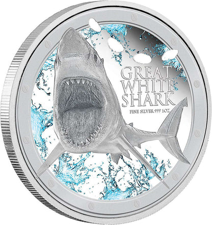 Niue 2012 $2 Ocean Predators Great White Shark 1oz Silver Coloured Proof Coin