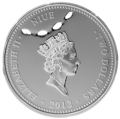 Niue 2012 $2 Ocean Predators Great White Shark 1oz Silver Coloured Proof Coin