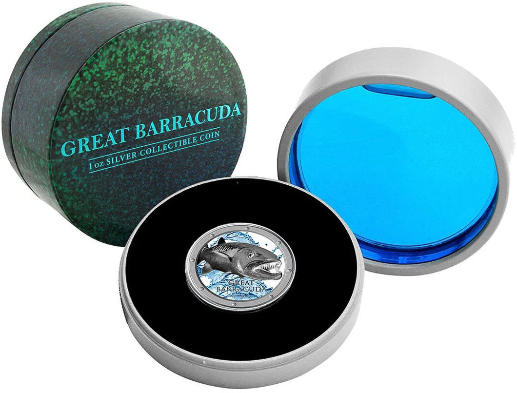 Niue 2015 $2 Ocean Predators Great Barracuda 1oz Silver Coloured Proof Coin
