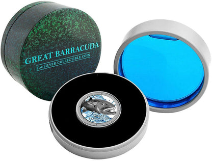 Niue 2015 $2 Ocean Predators Great Barracuda 1oz Silver Coloured Proof Coin