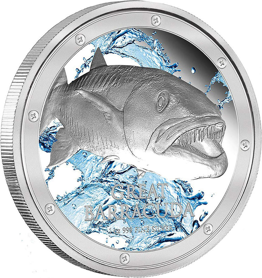 Niue 2015 $2 Ocean Predators Great Barracuda 1oz Silver Coloured Proof Coin