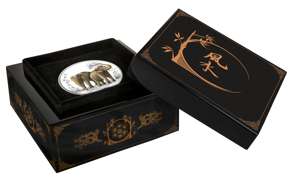 Niue 2015 $2 Feng Shui Elephants 1oz Silver Coloured Proof Coin