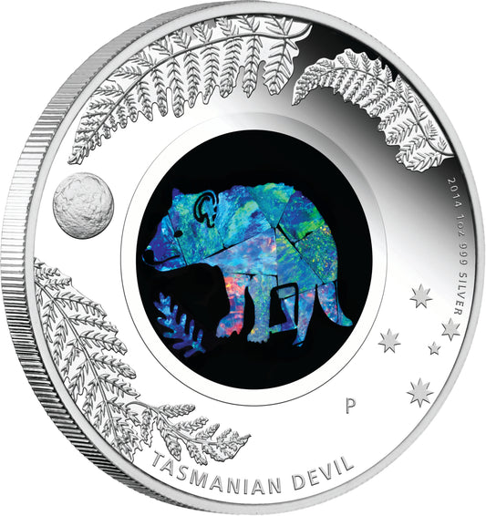 2014 $1 Australian Opal The Tasmanian Devil 1oz Silver Proof Coin