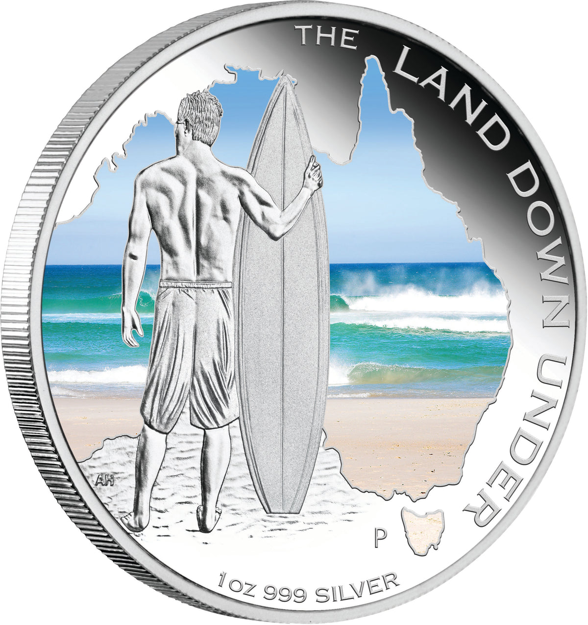 2013 $1 The Land Down Under Surfing 1oz Silver Coloured Proof Coin