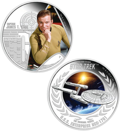Tuvalu 2015 $1 Star Trek Captain James T. Kirk and USS Enterprise NCC-1701 1oz Silver Coloured Proof 2 Coin Set