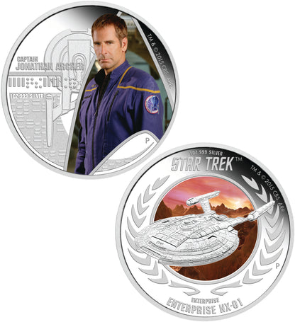 Tuvalu 2015 $1 Star Trek Captain Jonathan Archer and Enterprise NX-01 1oz Silver Coloured Proof 2 Coin Set