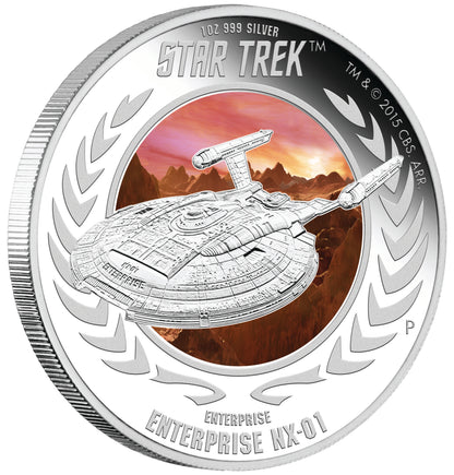 Tuvalu 2015 $1 Star Trek Captain Jonathan Archer and Enterprise NX-01 1oz Silver Coloured Proof 2 Coin Set