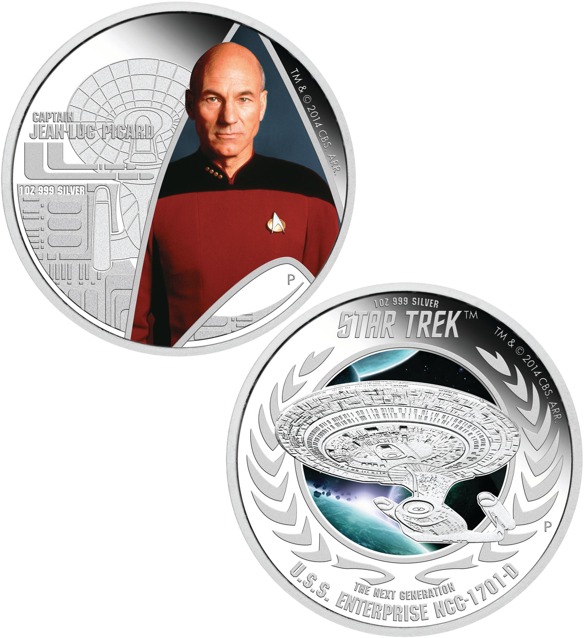 Tuvalu 2015 $1 Star Trek Captain Jean-Luc Picard and USS Enterprise NCC-1701-D 1oz Silver Coloured Proof 2 Coin Set