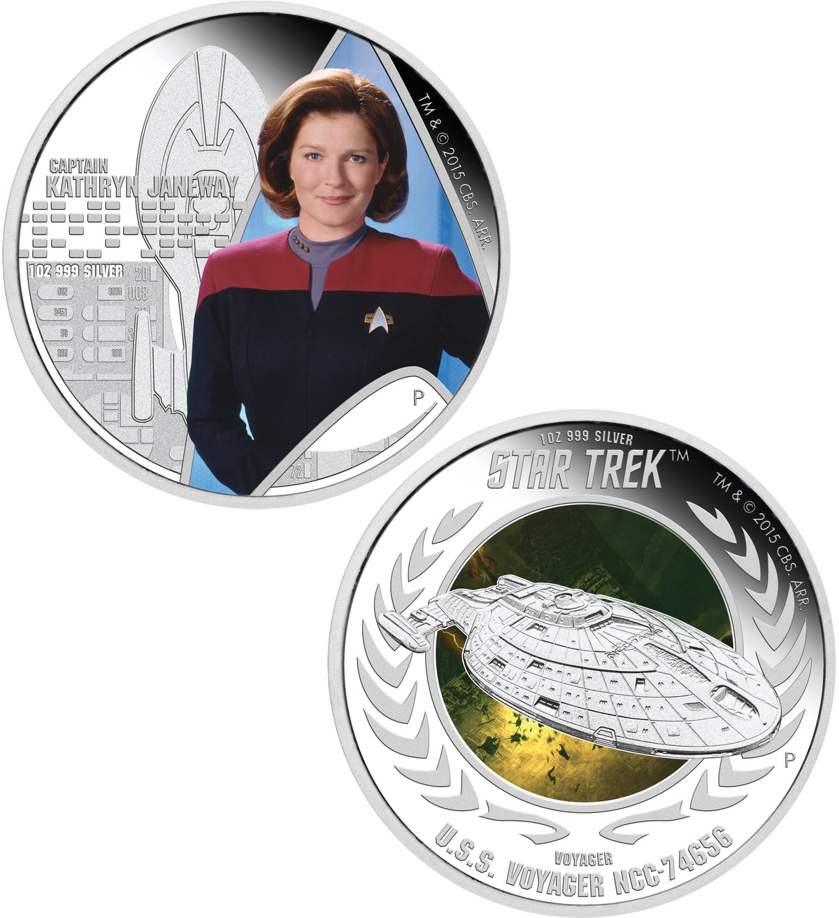 Tuvalu 2015 $1 Star Trek Captain Kathryn Janeway and USS Voyager NCC-74656 1oz Silver Coloured Proof 2 Coin Set
