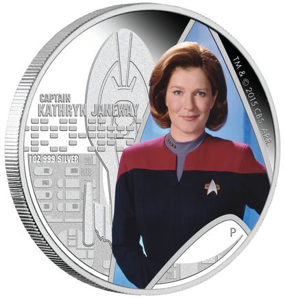 Tuvalu 2015 $1 Star Trek Captain Kathryn Janeway and USS Voyager NCC-74656 1oz Silver Coloured Proof 2 Coin Set