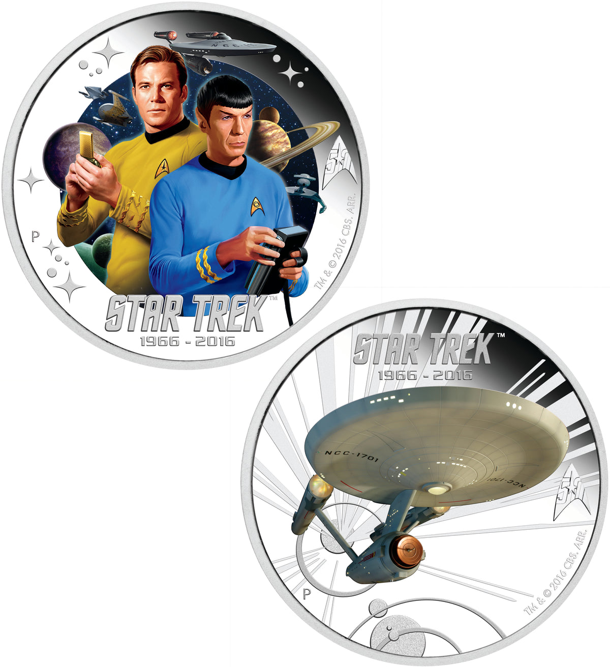 Tuvalu 2016 $1 Star Trek Captain Kirk Spock and USS Enterprise NCC-1701 1oz Silver Coloured Proof 2 Coin Set