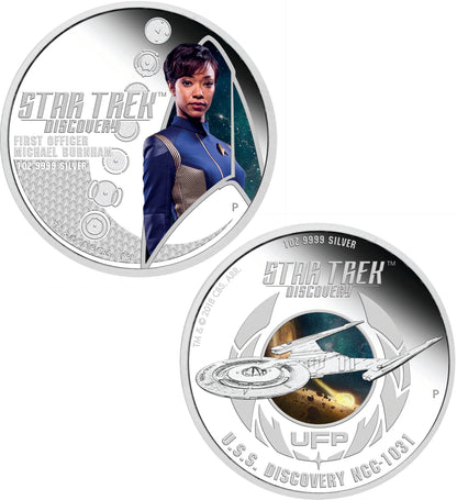 Tuvalu 2018 $1 Star Trek Discovery First Officer Michael Burnham and USS Discovery NCC-1031 1oz Silver Coloured Proof 2 Coin Set