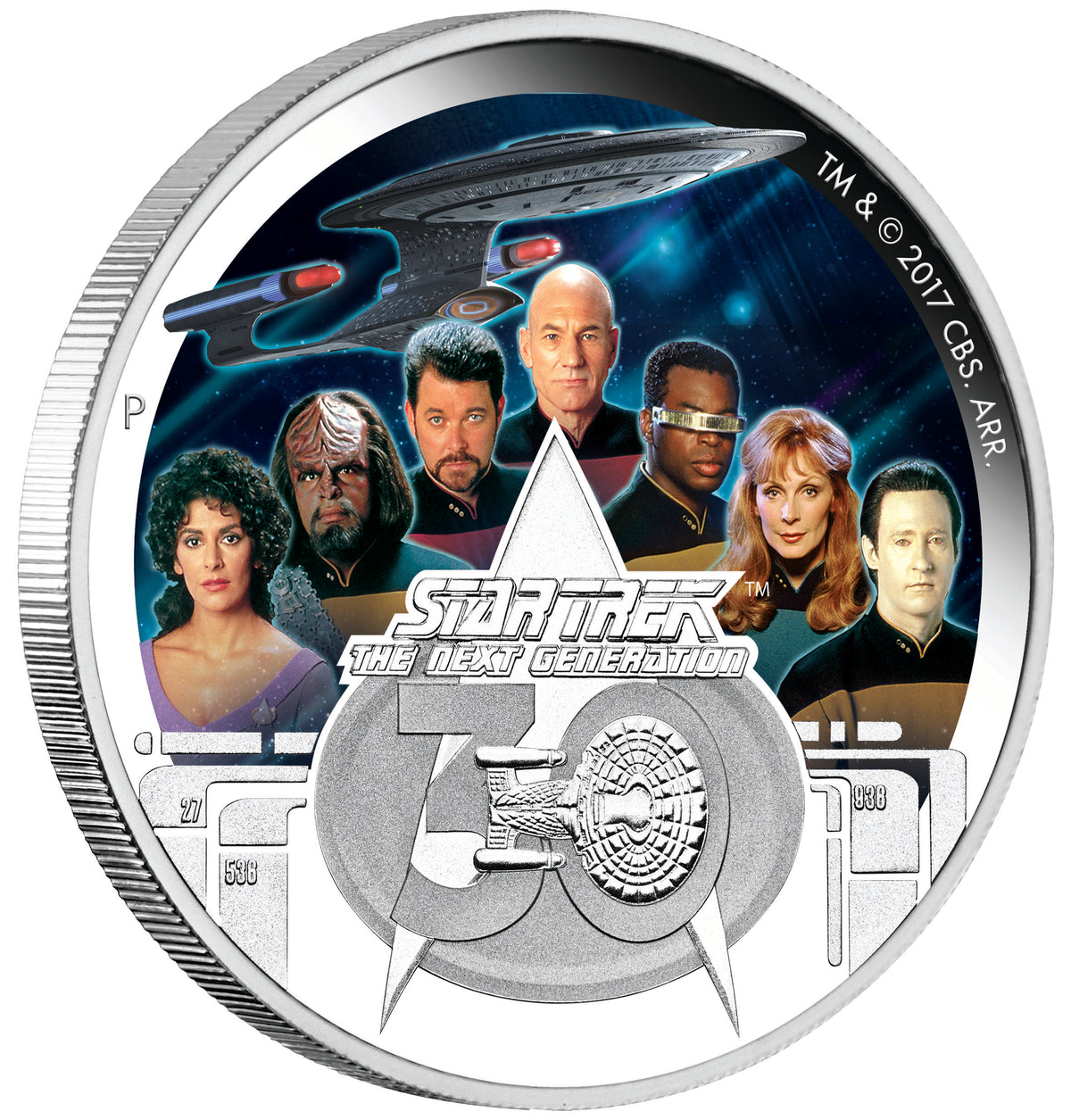Tuvalu 2017 $2 Star Trek The Next Generation 30th Anniversary USS Enterprise NCC-1701-D Crew 2oz Silver Coloured Proof Coin