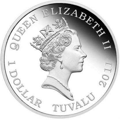 Tuvalu 2011 $1 Deadly and Dangerous Box Jellyfish 1oz Silver Coloured Proof Coin