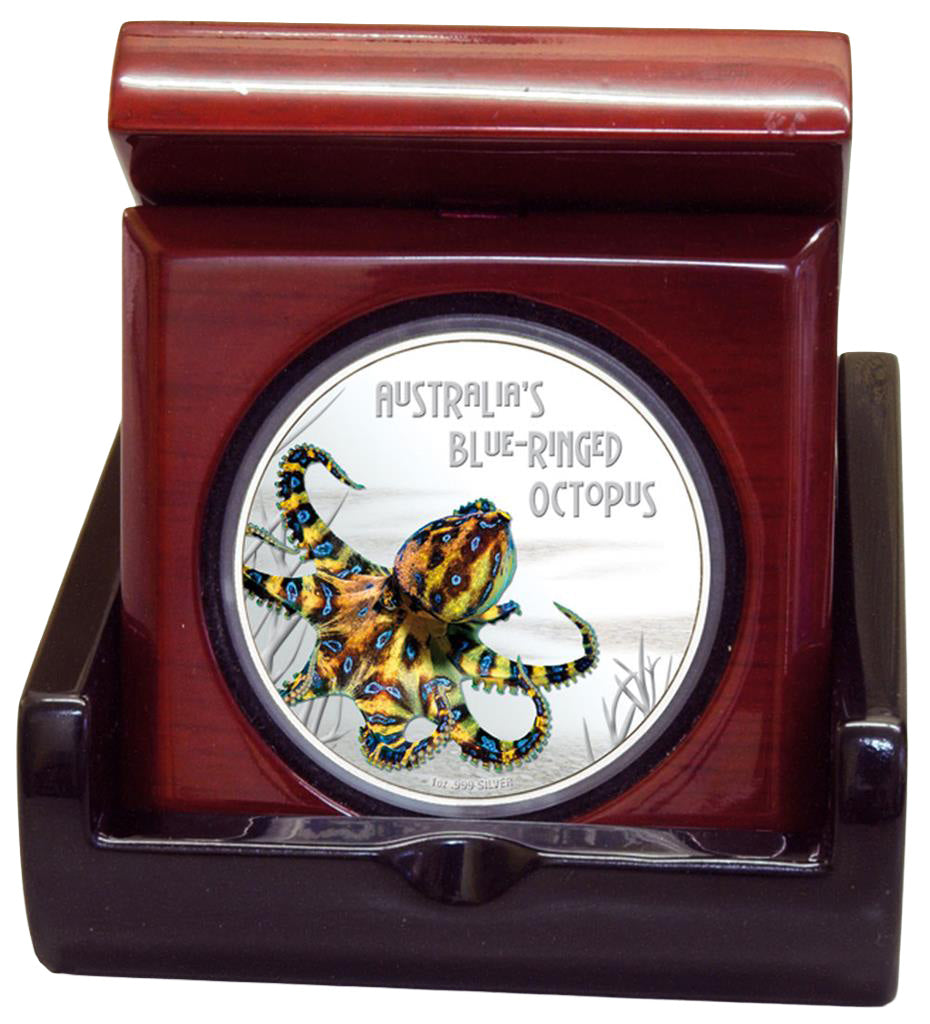 Tuvalu 2008 $1 Deadly and Dangerous Blue Ringed Octopus 1oz Silver Coloured Proof Coin