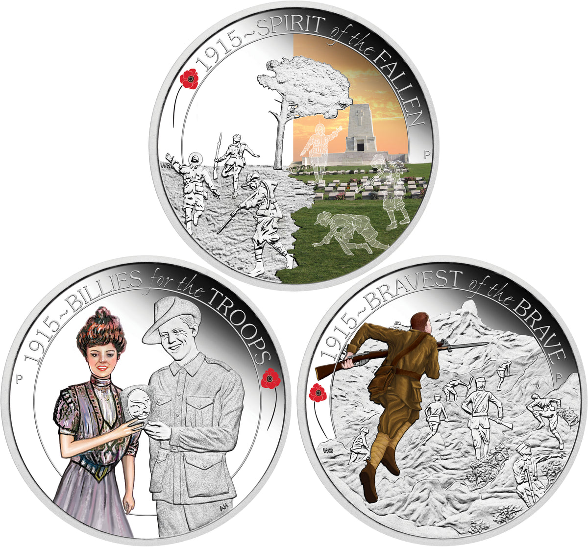 2015 50c The ANZAC Spirit 100th Anniversary 1/2oz Silver Coloured Proof 3 Coin Set