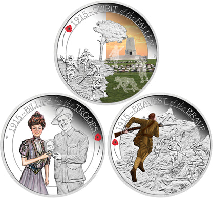 2015 50c The ANZAC Spirit 100th Anniversary 1/2oz Silver Coloured Proof 3 Coin Set