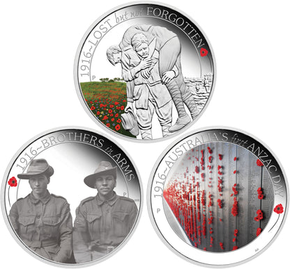 2016 50c The ANZAC Spirit 100th Anniversary 1/2oz Silver Coloured Proof 3 Coin Set