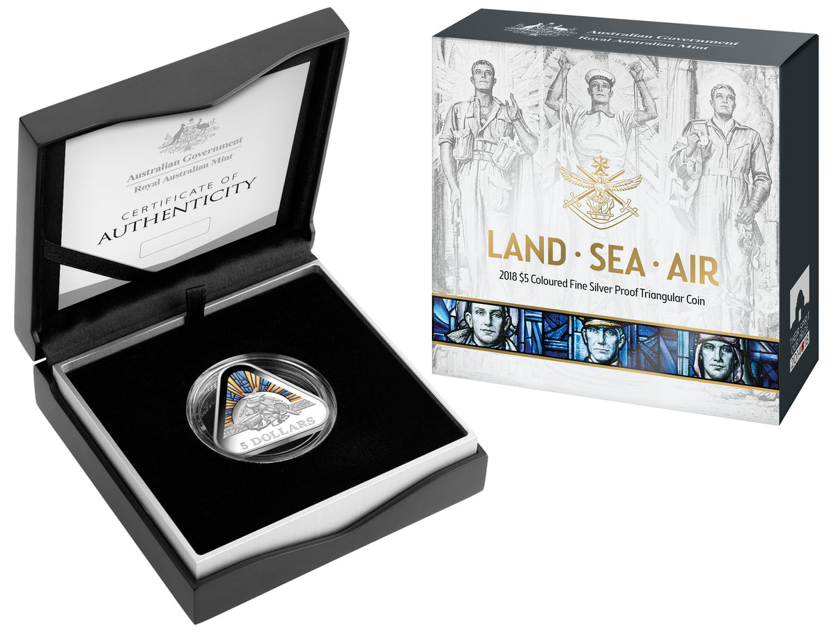 2018 $5 Land Sea Air Silver Proof Coloured Triangular Coin