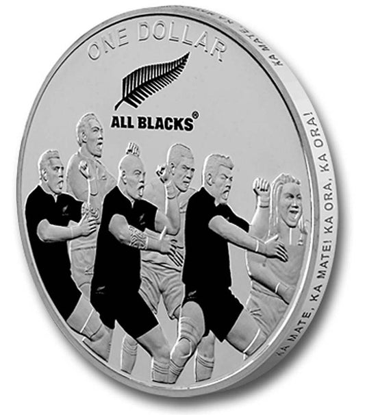 NZ 2011 $1 All Blacks Haka 1oz Silver Coloured Proof Coin