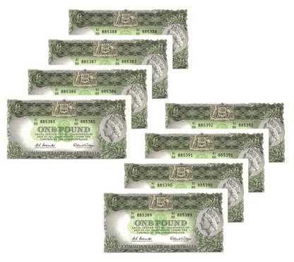 1961 One Pound Coombs/Wilson R34 Reserve Bank of Australia Uncirculated Consecutive Run of 8 Banknotes