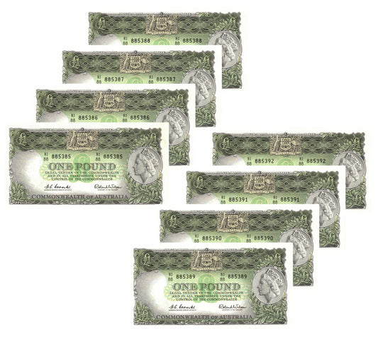 1961 One Pound Coombs/Wilson R34 Reserve Bank of Australia Uncirculated Consecutive Run of 8 Banknotes