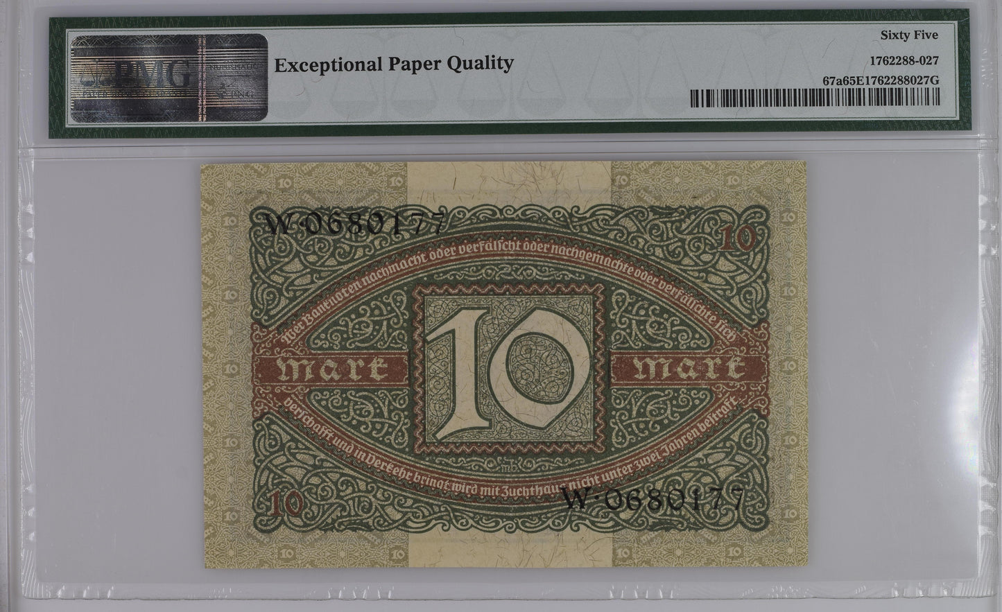 Germany 1920 Ten Mark Pick 67a Gem Uncirculated PMG 65 Banknote