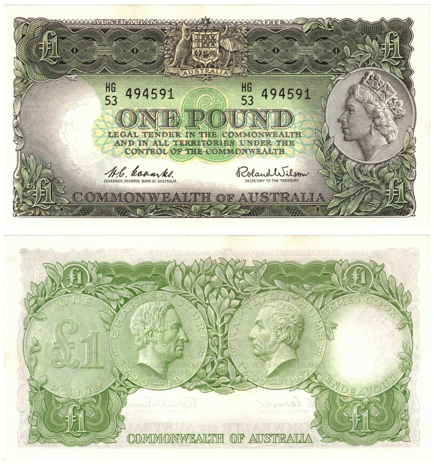 1961 One Pound Coombs/Wilson R34 Reserve Bank of Australia Uncirculated Consecutive Pair of Banknotes