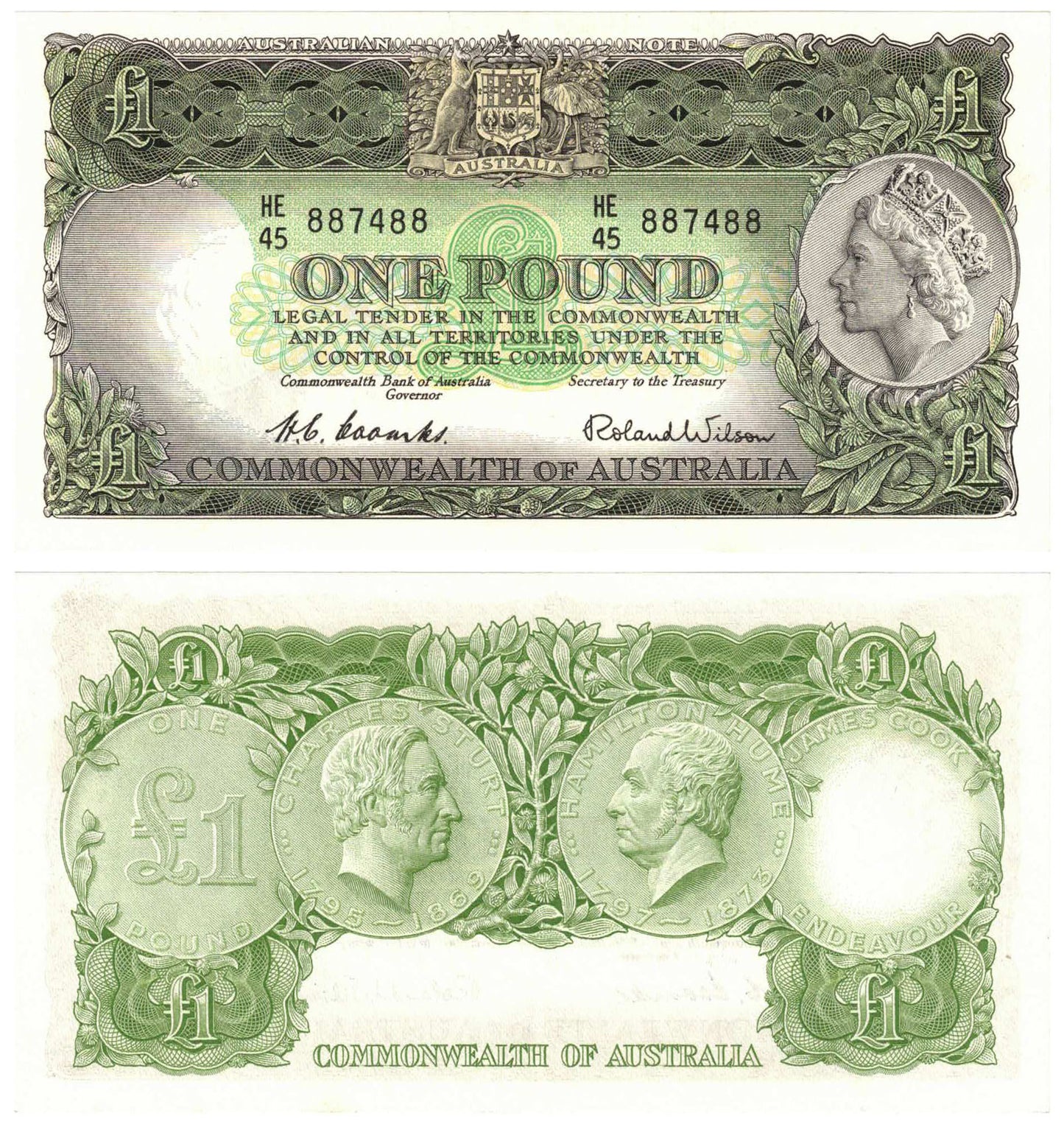 1953 One Pound Coombs/Wilson R33 Commonwealth of Australia Uncirculated Consecutive Pair of Banknotes