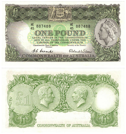 1953 One Pound Coombs/Wilson R33 Commonwealth of Australia Uncirculated Consecutive Pair of Banknotes