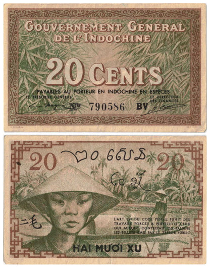 French Indo China ND (1939) 10/20/50 Cents #85d/86d/87d About Uncirculated to Uncirculated Set of 3 Banknotes