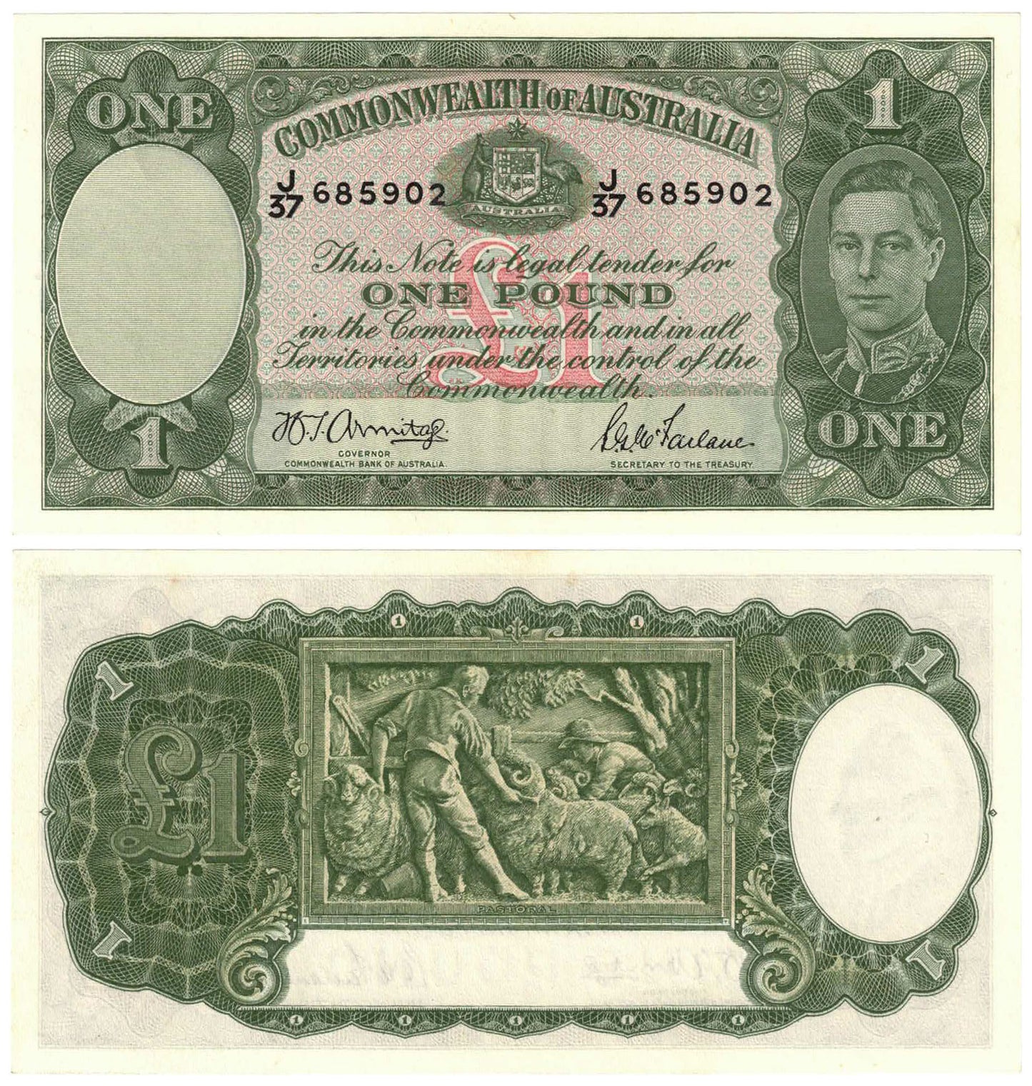 1942 One Pound Armitage/McFarlane R30a Uncirculated Consecutive Pair of Banknotes