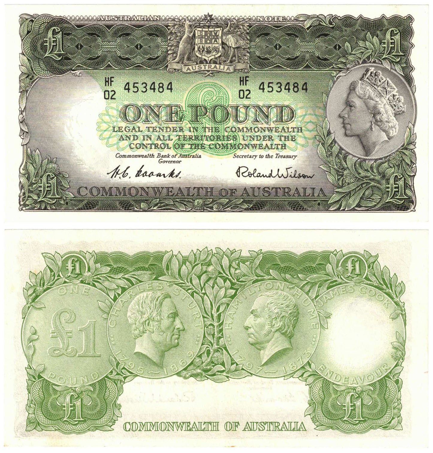 1953 One Pound Coombs/Wilson R33 Commonwealth of Australia About Uncirculated to Uncirculated Consecutive Trio of Banknotes