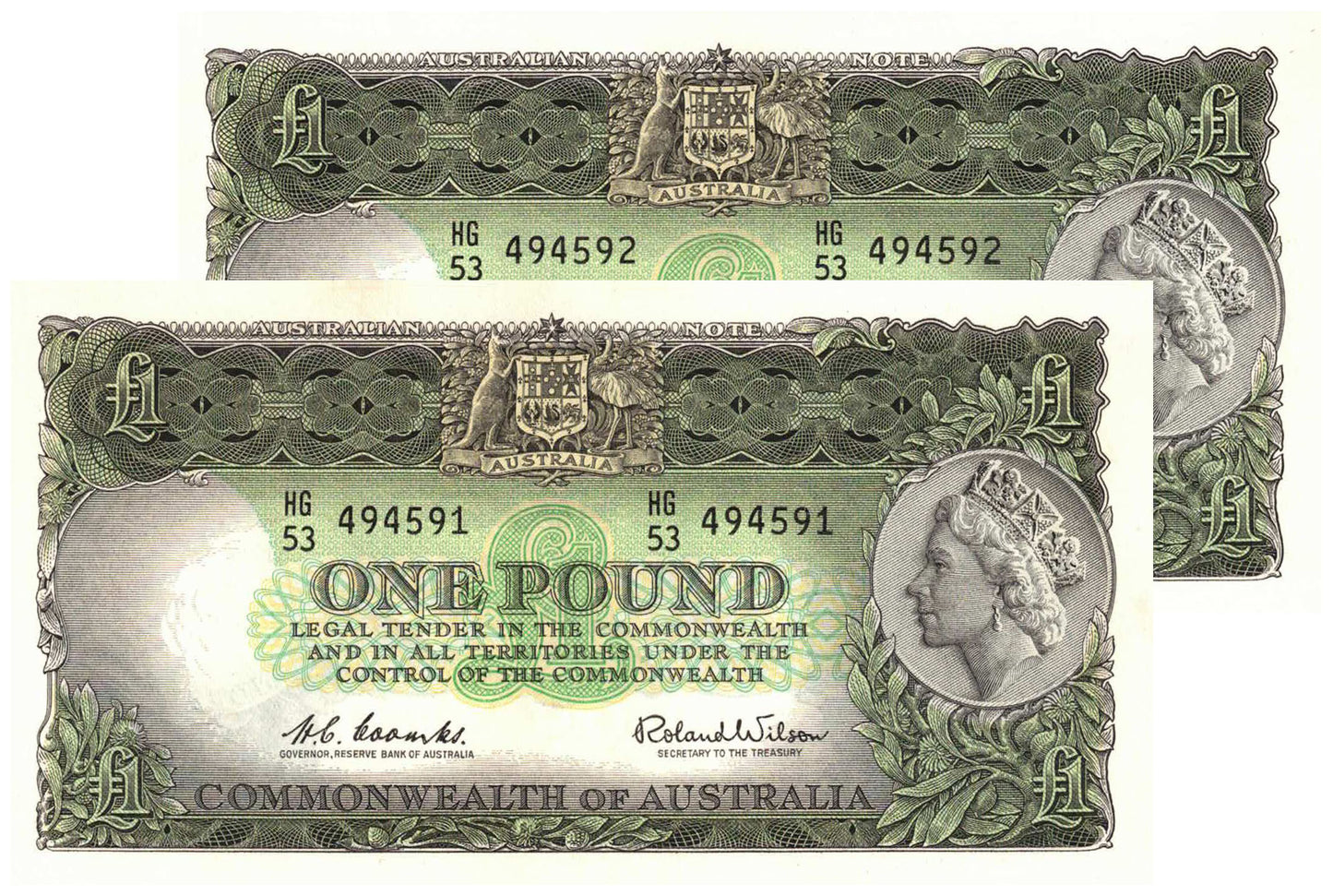 1961 One Pound Coombs/Wilson R34 Reserve Bank of Australia Uncirculated Consecutive Pair of Banknotes