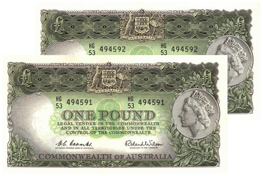 1961 One Pound Coombs/Wilson R34 Reserve Bank of Australia Uncirculated Consecutive Pair of Banknotes