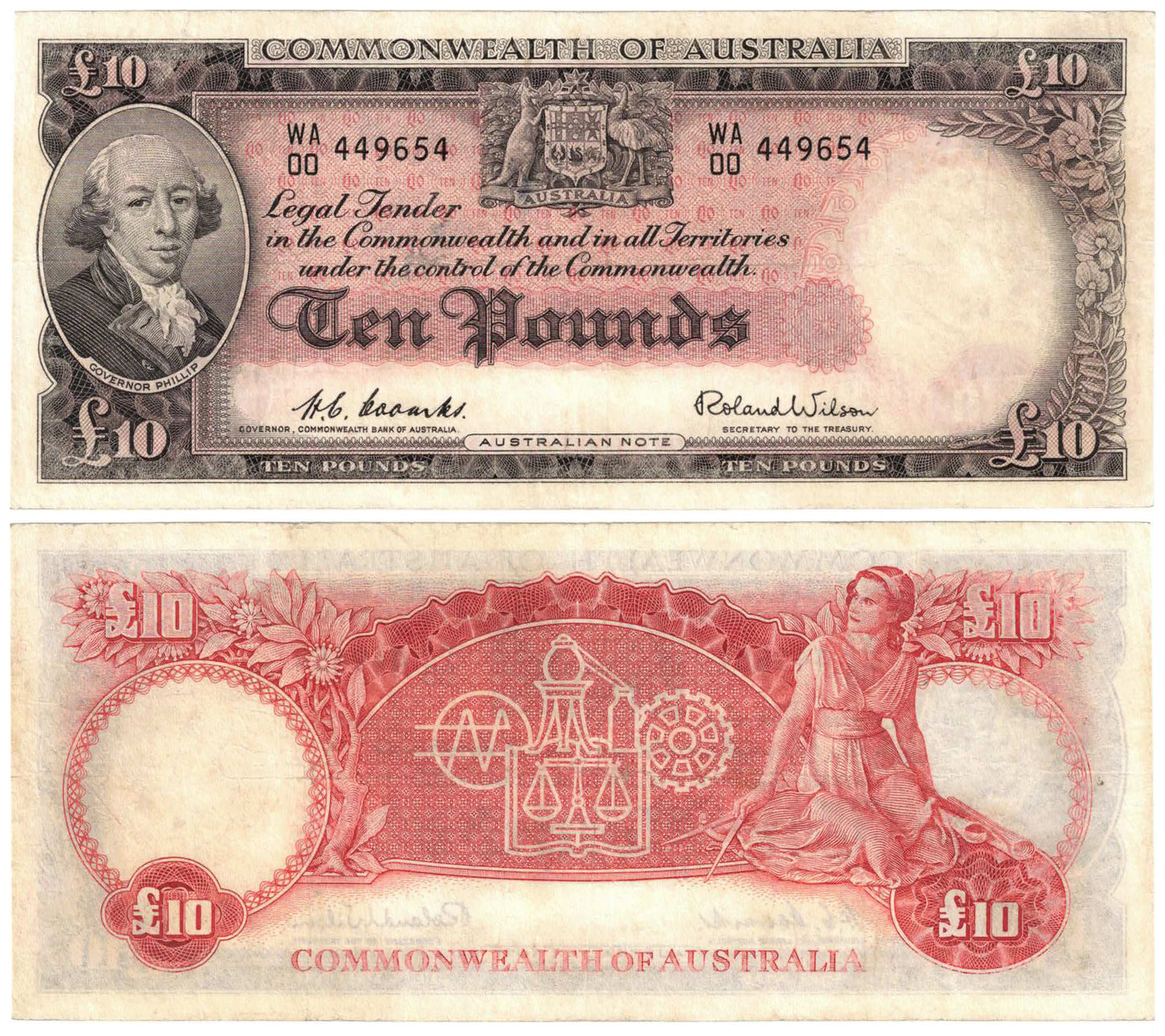 1954 Ten Pounds Coombs/Wilson R62F First Prefix WA/00 Good Fine Banknote
