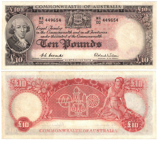 1954 Ten Pounds Coombs/Wilson R62F First Prefix WA/00 Good Fine Banknote