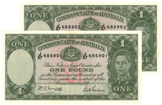 1942 One Pound Armitage/McFarlane R30a Uncirculated Consecutive Pair of Banknotes