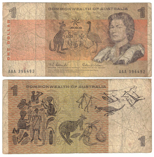 1966 $1 Coombs/Wilson R71F First Prefix AAA Very Good Banknote